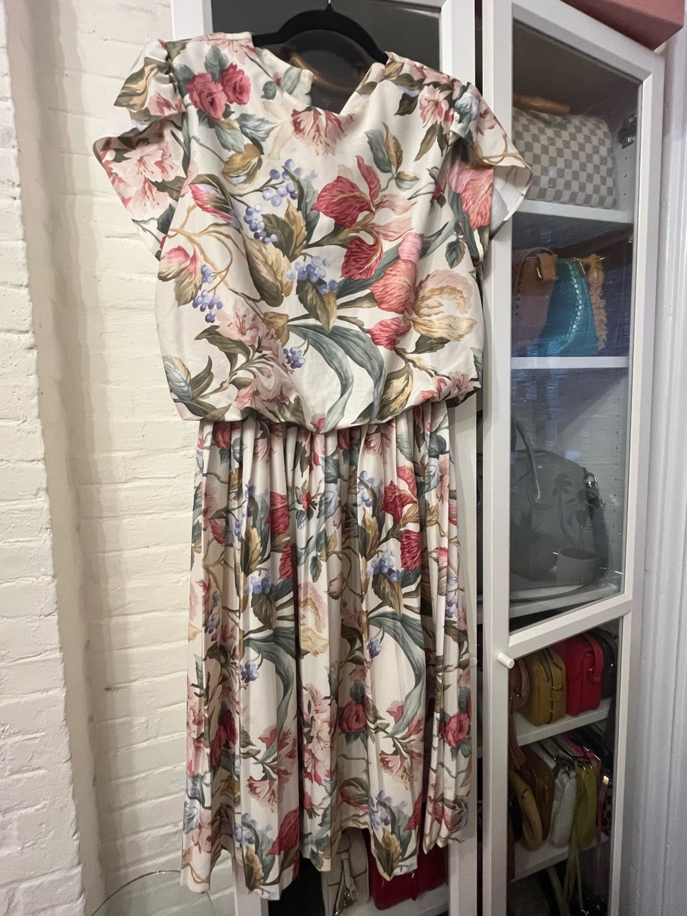 Vintage Floral Midi Dress in Cream with Pink & Green Accents